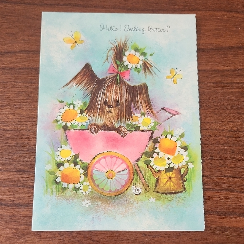 Vintage Cute Get Well Card with Dog and Flowers